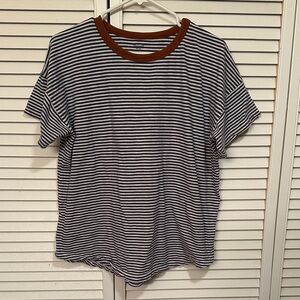 Madewell Navy and White Striped Tee with Brown Trim